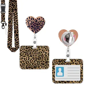 Heart Leopard Print ID Badge Holder Set, Retractable Scroll, Rotating Clip, Detachable Lanyard, Medical Assistant Name Card Case