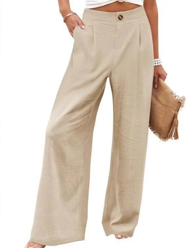 Summer Ladies Cotton Linen Loose Trousers High Waist Button Elastic Waist Casual Wide Leg Pants