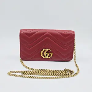Pre-owned P025 GUCCI GG Marmont Matelasse Leather Wallet On Chain Red Auth 26.05.06