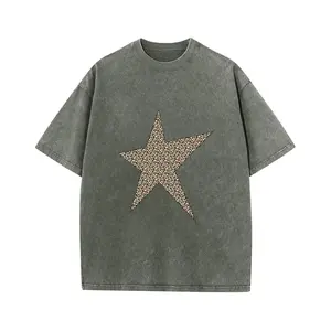 Wayii Fashion Acid Wash Printed Star Graphic Cotton T-Shirt Men Women Relaxed Fit Crew Neck Short Sleeve Tee for Summer Casual Wear & Festive Parties