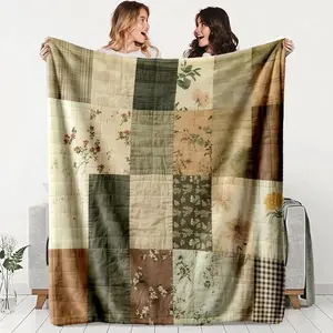 Vintage Patchwork Floral Flannel Blanket, Soft Lightweight Warm, Perfect for Bed Sofa Office Camping Travel, Ideal Gift, Soft And Lightweight, Lightweight Throw Blanket, Bedroom Blanket, Lightweight Cozy Blanket, Decorative Blanket