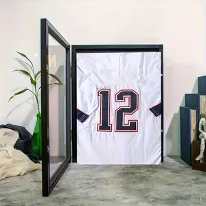 Black-framed sports jersey display case, available in 18x14 or 13x13 inches, heavy-duty stand secures jerseys, hockey, and sweatshirts, transparent scratch-resistant design protects collectibles, wall-mountable, perfect holiday gift for fan caves, collect
