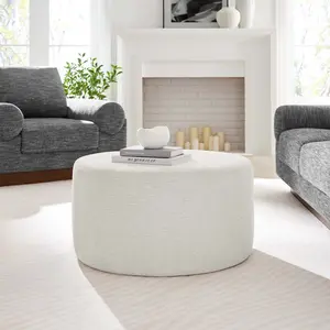 Modway Callum Large 29" Round Woven Heathered Fabric Upholstered Ottoman in Heathered Weave Ivory