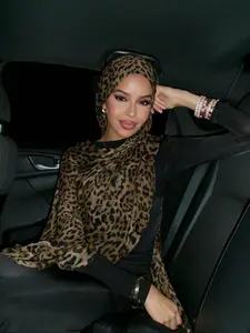 Women Fashion Bohemian Leopard Painting Navy Blue Marble Print Veil Hijab, Casual Street Wear Hijab For Daily Use, Autumn Headband Headscarf For Muslim