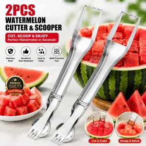 2PCS Watermelon Fork Slicer,Watermelon Slicer Cutter,Watermelon Cube Cutting Tool, 2-in-1 Stainless Steel Fruit Cutter, Dual Head Fruit Forks Slicer Knife with Round Handle,Fruit Cutting Kitchen Utensils,Kitchen Gadgets,Portable Modern