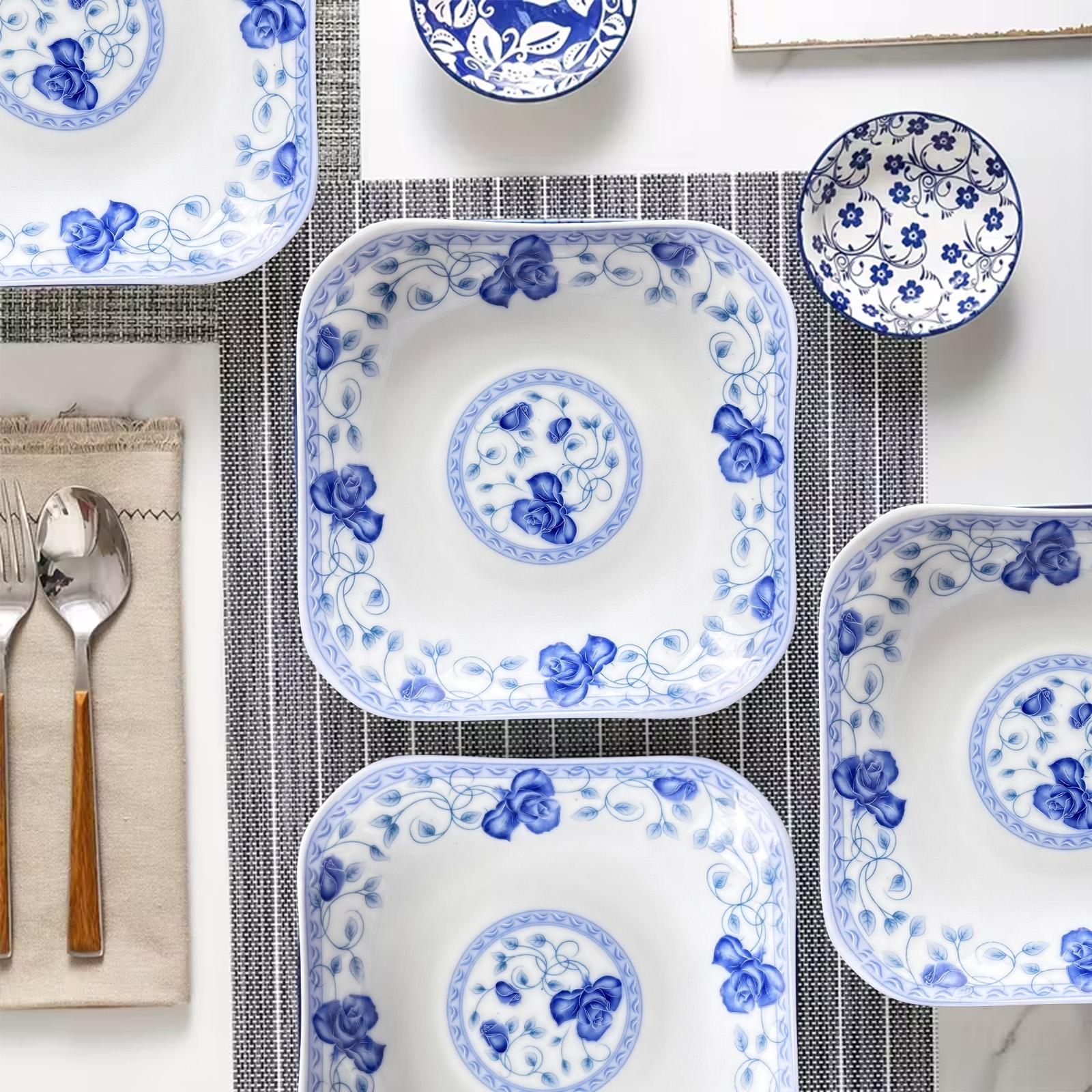 Viral Chinese Style Blue Rose Square Plates Set of 4! 8 Inch Underglaze Ceramic Serving Plates, Microwave & Dishwasher Safe, Thickened Anti-Scald Stackable Plates for Pasta, Salad, Home Kitchen Upgrade Must-Have!