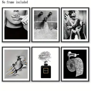 6-Piece Fashion Bathroom Wall Art Set, Glitter Canvas Posters, Modern Women Funny Unframed Bath Decor