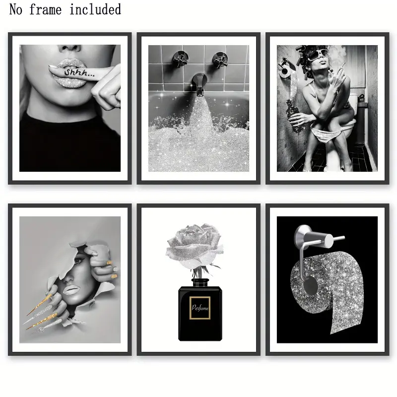 6-Piece Fashion Bathroom Wall Art Set, Glitter Canvas Posters, Canvas Prints, Modern Art Design Women Funny Unframed Bath Decor, Art Work For Wall Decor