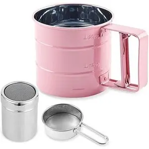 3 in1 Pink Hand Press Stainless Steel 3 Cup Flour Sifter & Powdered Sugar Shaker Duster for Baking Cakes Pastries Cupcakes and Desserts