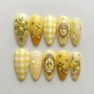 Lemon Yellow Press On Nails, Citrus Floral Nails, Gingham Cottagecore Nails, Bee Lemon Nail Art, Summer Fresh Fruit Aesthetic Nails