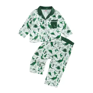 REDWOON Kids Toddler Baby Boy Fall Satin Pajamas Set Long Sleeve Dinosaur Pjs Silk Nightwear Two Piece Loungewear Outfit