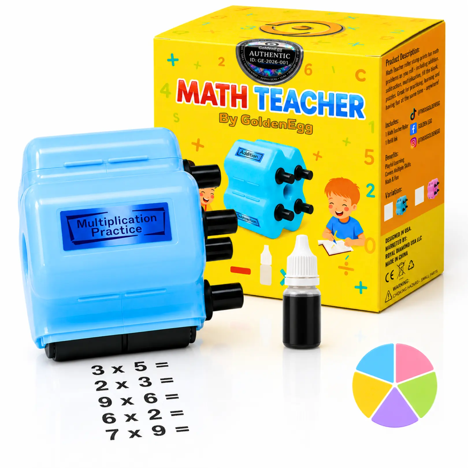 Math Teacher 4-in-1 Math Roller Stamp by GOLDENEGG [Free Grading App] | Addition Subtraction Multiplication Math Practice Tool | Math Learning Tools, Math Toys for Kids Ages 5-9, 1st 2nd 3rd Grade | Screen-Free Back to School Supplies, Homeschool