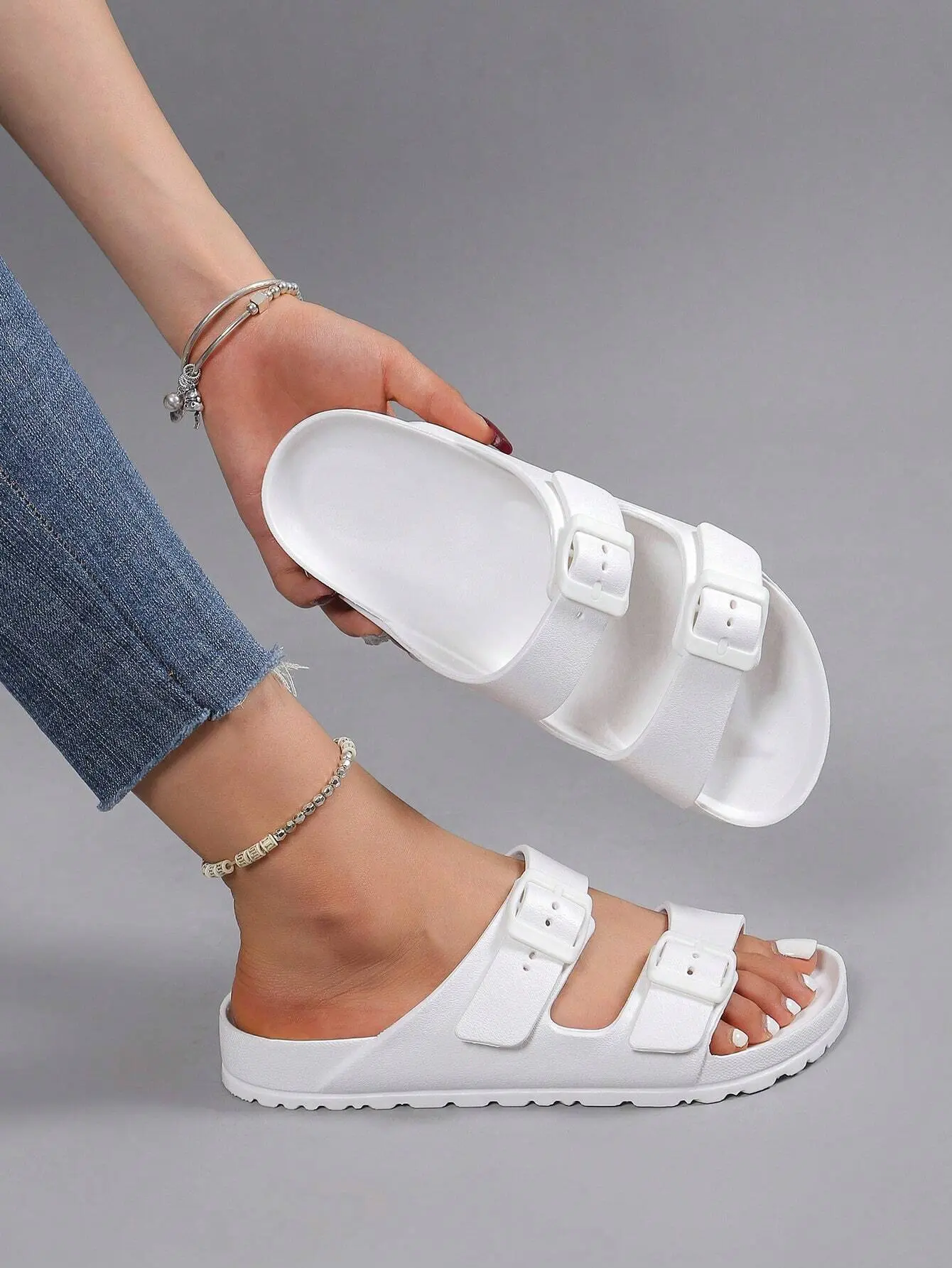 AESS Women's Beige Fashion Flat Sandals - Adjustable Double Buckle, EVA Lightweight, Non-Slip, Durable, Soft Comfortable Footwear - Slip-On Slides for Outdoor Beach Use (Women's Shoe)