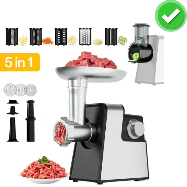 5-in-1 Electric Meat Grinder: A powerful 2500W meat grinder with integrated sausage stuffing attachment, kubbe maker, vegetable slicer and grater, and cheese grater.
