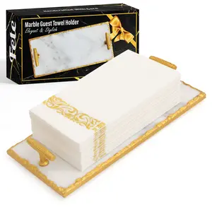 Guest Towel Holder White Marble Tray with Gold Rim, Premium Disposable Hand Towel Holder, Perfect Guest Towel Holder Tray For Bathroom, Multipurpose Marble Tray for Towels, Napkins, and More