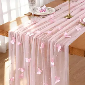 French Retro Lace Table Runner with Butterfly Beaded Embroidery, Solid Color Elegant Handmade Embroidered Table Flag Cloth, Romantic Wedding Table Decor for Bridal Shower, Baby Shower, Holiday Party, Dining Table and Home Decoration