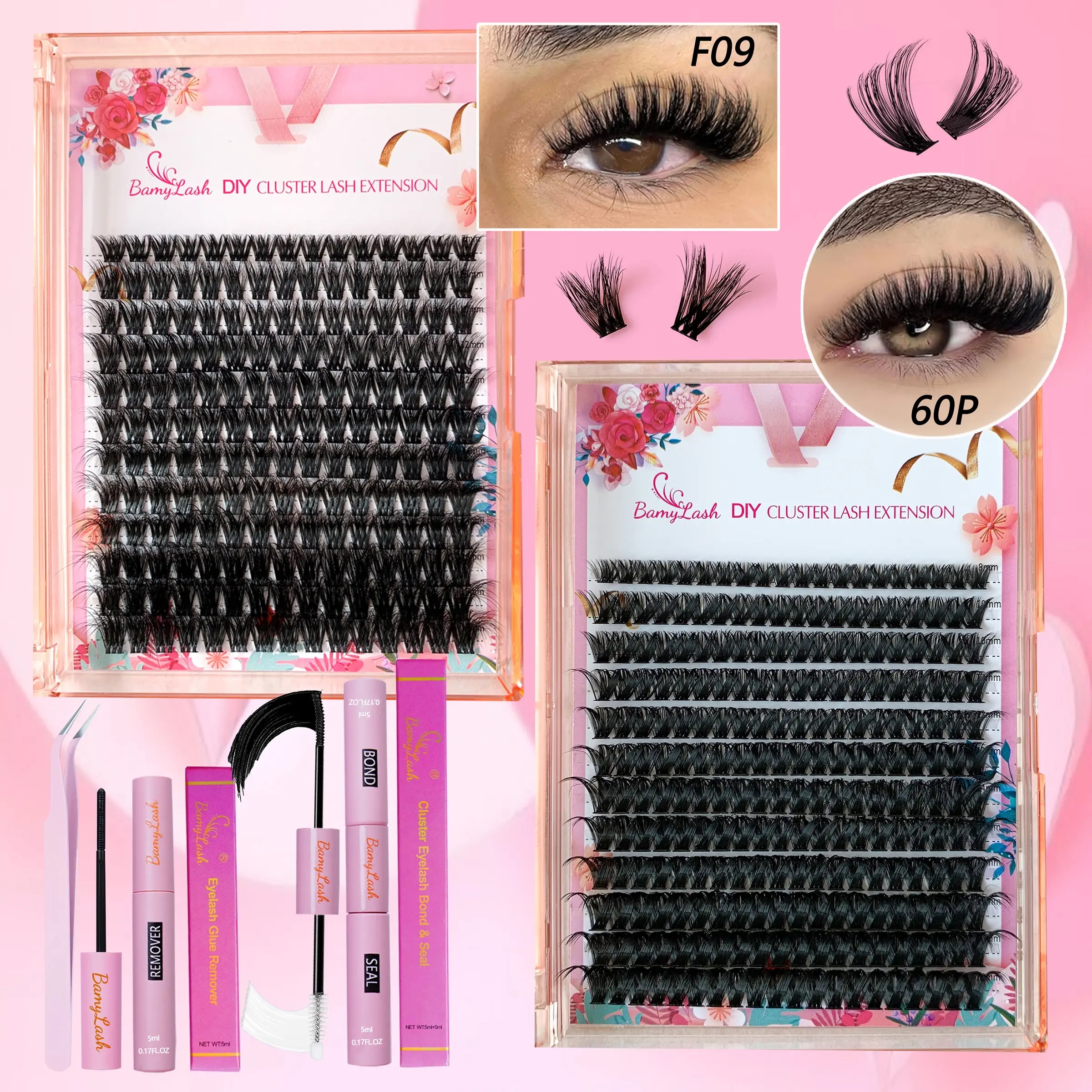 Thick Volume Dramatic Fluffy Lash Clusters, DIY Cluster Eyelash Kit, Eyelash Extension, D Curl Mixed Lengths, Synthetic Fibers & Acrylic Resin, Easy Application at Home, False Eyelashes Set