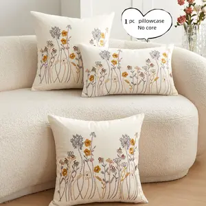 Flower Embroidery Cushion Cover, 1 Count Square Throw Pillow Cover without Filler, Household Decoration Supplies for Home Living Room Bedroom, Home Textile