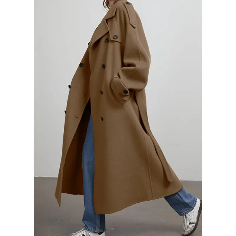 Camel coat side view showing longline shape and sleeve details