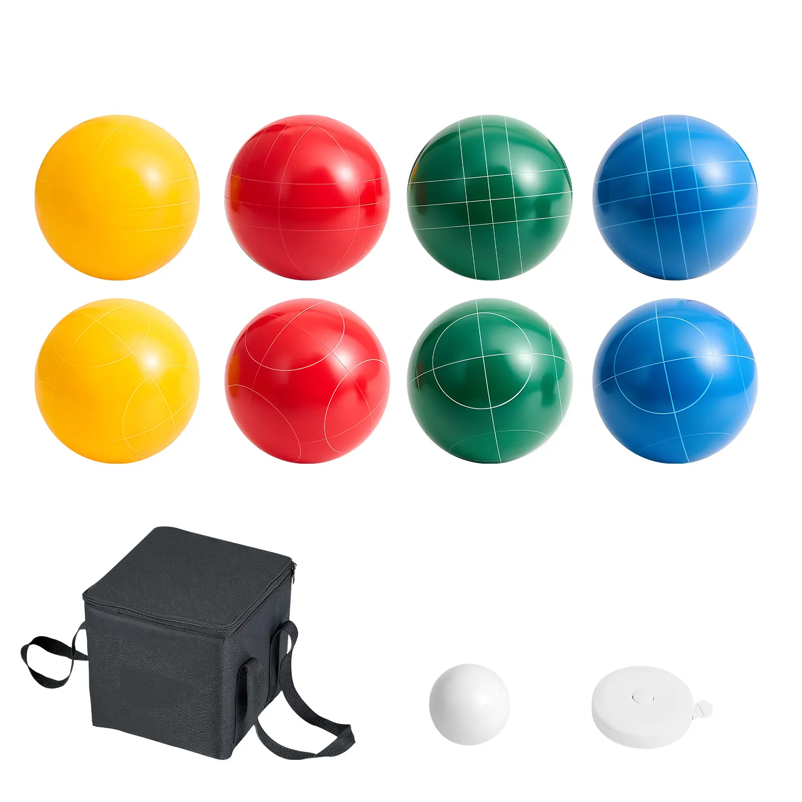 Bocce Ball Set, 90 mm, with 8 Resin Balls, Pallino, Carrying Bag and Measuring Rope, Red/Green/Blue/Yellow 4 Colors, for 2 to 8 Players, Bocce Ball Game Set for Beach, Lawn, Family Backyard