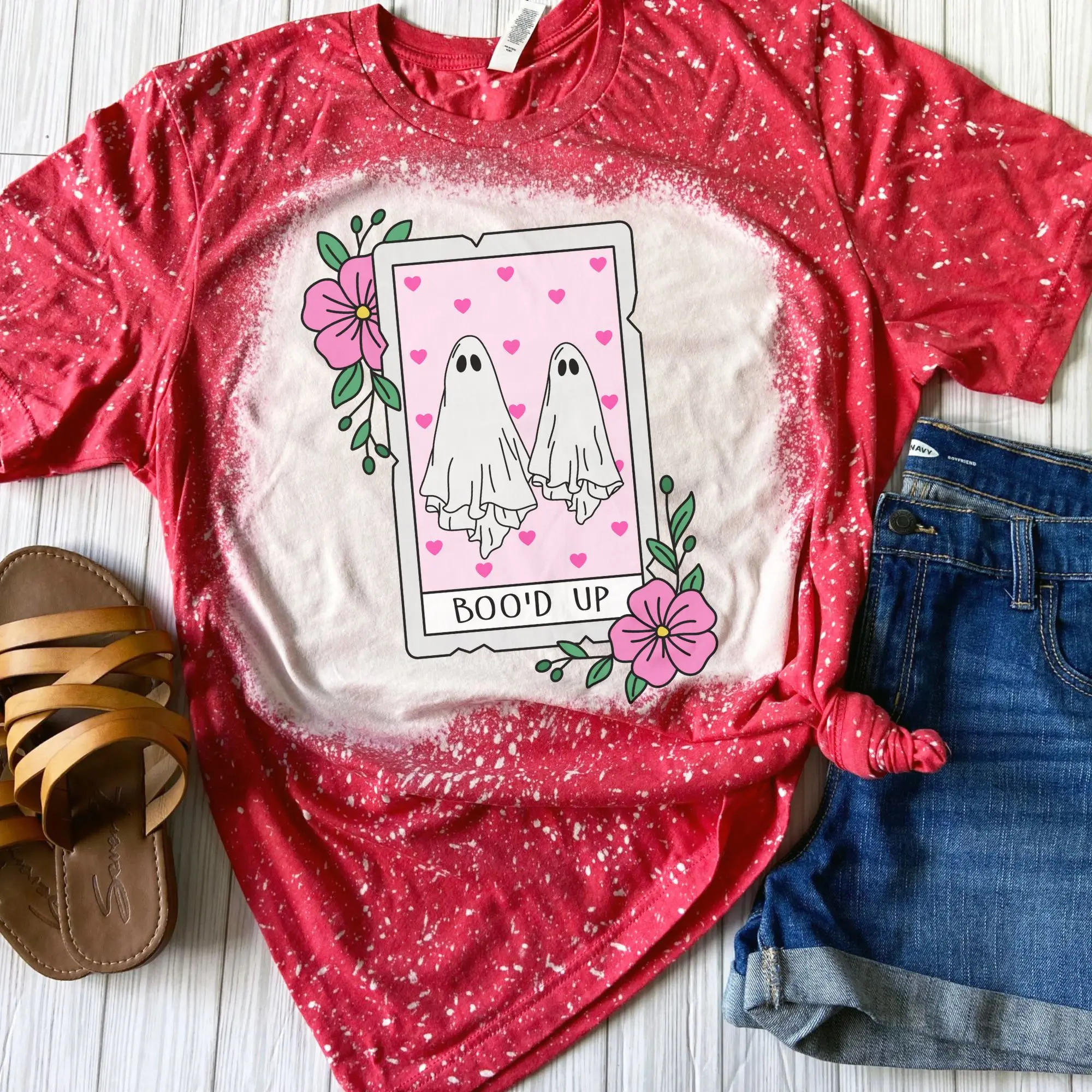 Boo'd Up Ghostie Tarot Card Bleached Shirt - Red - Sublimation