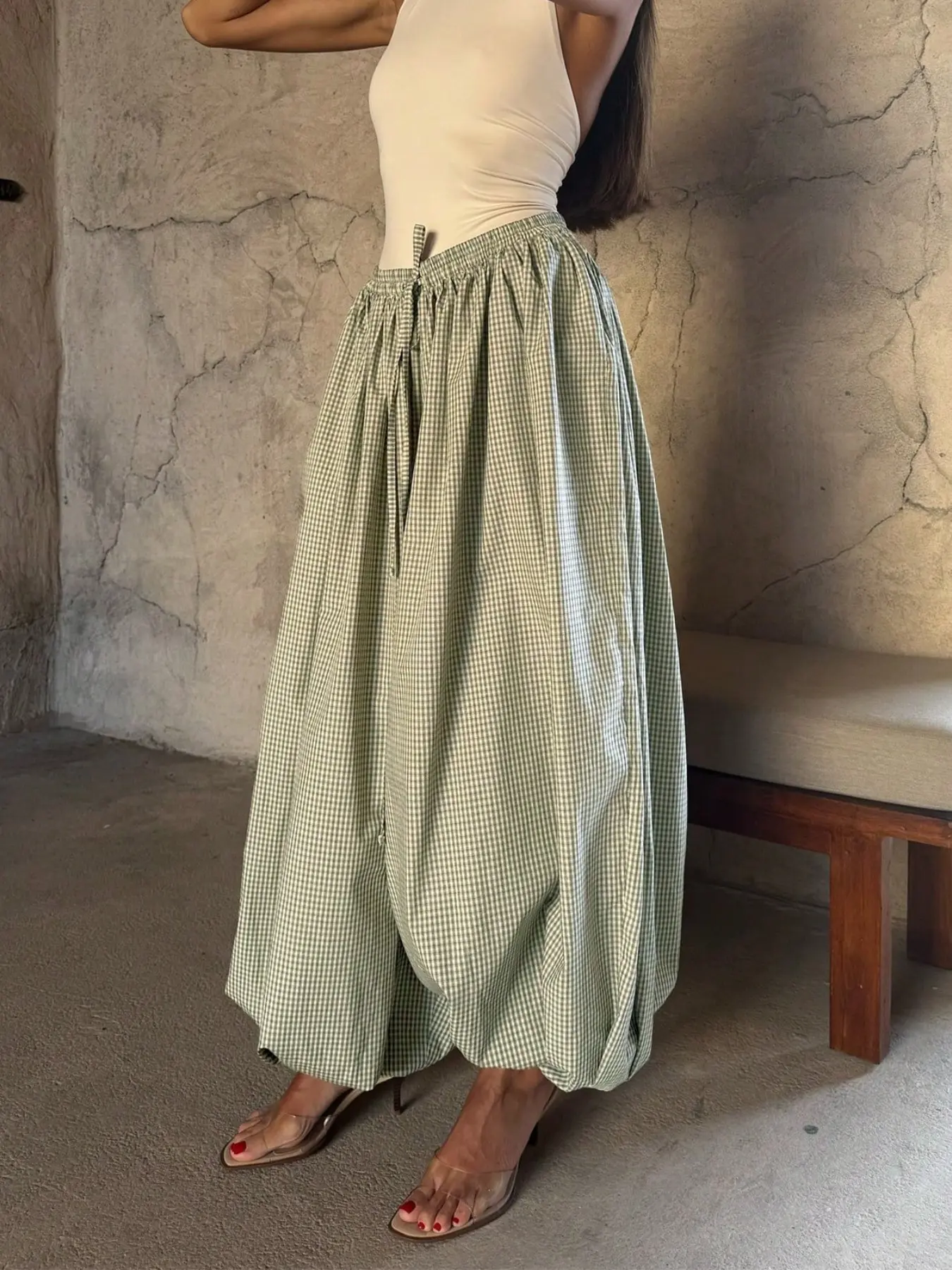 Womens Gingham Plaid Wide Leg Pants High Waist Drawstring Palazzo Pants Loose Fit Casual Trousers Lightweight Breathable Cotton Pants Summer Boho Relaxed Fit Vintage Checkered Pants Everyday Comfortable Fashion