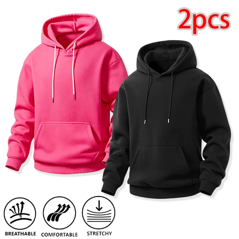 Unisex 2-Piece Essential Hoodie Set - Solid-Color Basic Pullover Hoodies, Casual Streetwear for Everyday Wear