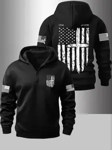 Men's Fall Winter Flag Series Print Half-Zip Long Sleeve Fitted Hoodie, Fleece Lined Jacket with Zip Design, Fashion Casual Daily Wear, Sweatshirts