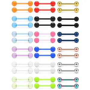 14G Straight Barbells Piercing Jewelry Set - Multicolor Acrylic & Stainless Steel Tongue Rings, Hypoallergenic Nipple/Septum/Labret Bars for Women Men