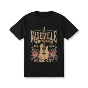Nashville Tennessee Music City Graphic T-Shirt - Women's Black Washed Tee with Guitar & Floral Print, Round Neck Short Sleeve, Casual Spring/Summer Top, Leisure Apparel | Floral Graphic Tee | Comfortable Fit, Music T Shirts