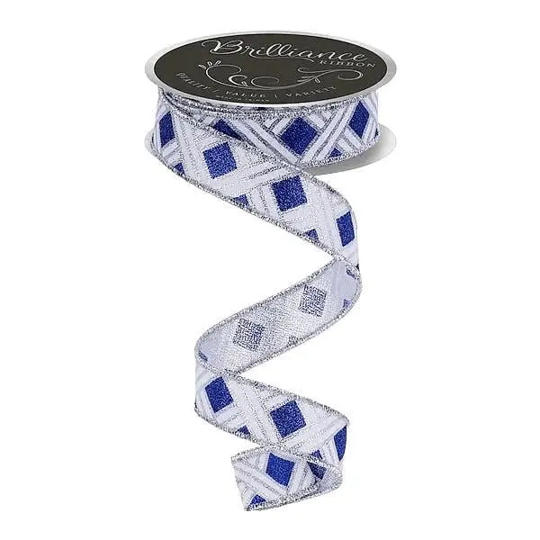 7/8" x 10yd Woven Stripes Ribbon in Silver, Royal Blue, & White