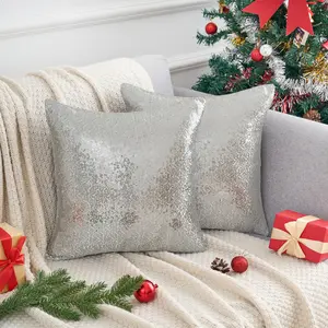 REGALWOVEN Sequin Throw Pillow Covers, Pack of 2 Square Glitter Decorative Pillow Cases Personalized Cushion Covers for Bed Sofa Bedroom Living Room Home Decor 18 x 18 Inch Silver