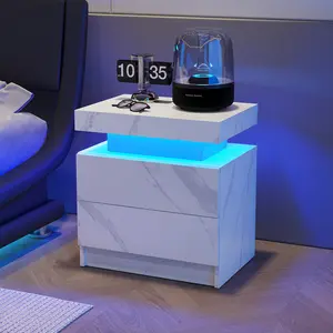 Modern White Stone LED Bedside Table with 2 Drawers - Sleek Nightstand with Built-In Lighting for Bedroom