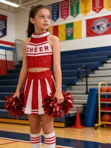 Cheerleading Performance Set, Colorblock Design, Short Halter Top with Cheer Print, Striped Pleated Skirt