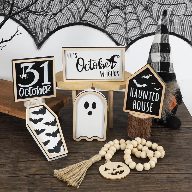 6-pcs Halloween layered tray decoration, including bat coffin, haunted house, ghost, witch, October 31st logo, bead wreath, table frame Halloween centerpiece