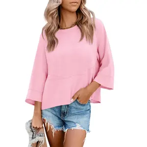 Imily Bela Womens Spring Summer 3/4 Batwing Sleeve Tops Casual Loose Fit Crewneck Shirts Cute Flowy Trendy Tees Blouse