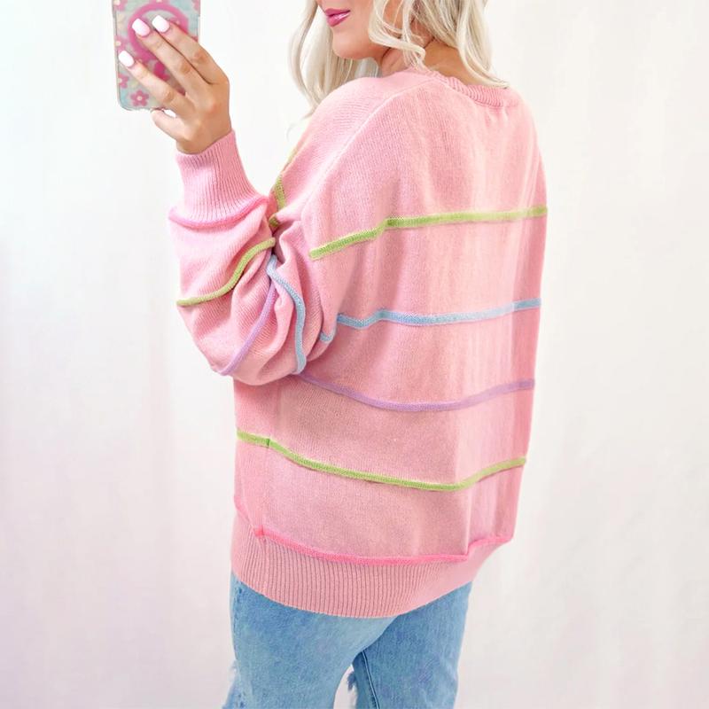 Znacicc Women's Sweater 2025 Valentine's Day Long Sleeve Tops Pink Rainbow Stripes Drop Shoulder Baggy Henley Knitwear
