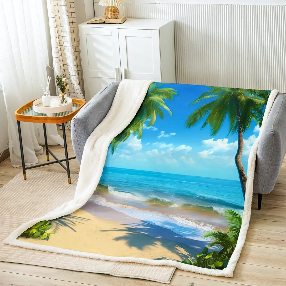 Ocean Beach Themed Fleece Throw Tropical Palm Tree Sherpa Blanket for Bed,Couch Women's Blue Sea Plush Hawaiian Summer Warm Fuzzy Blanket Bedroom Decor