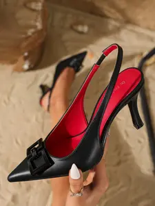 Pointed Toe High Heels | Slingback Strap | Stylish Metal Square Buckle | Elegant Slim Stilettos | Comfortable and Versatile Women’s Shoes for Office, Parties, Dates, and Weddings