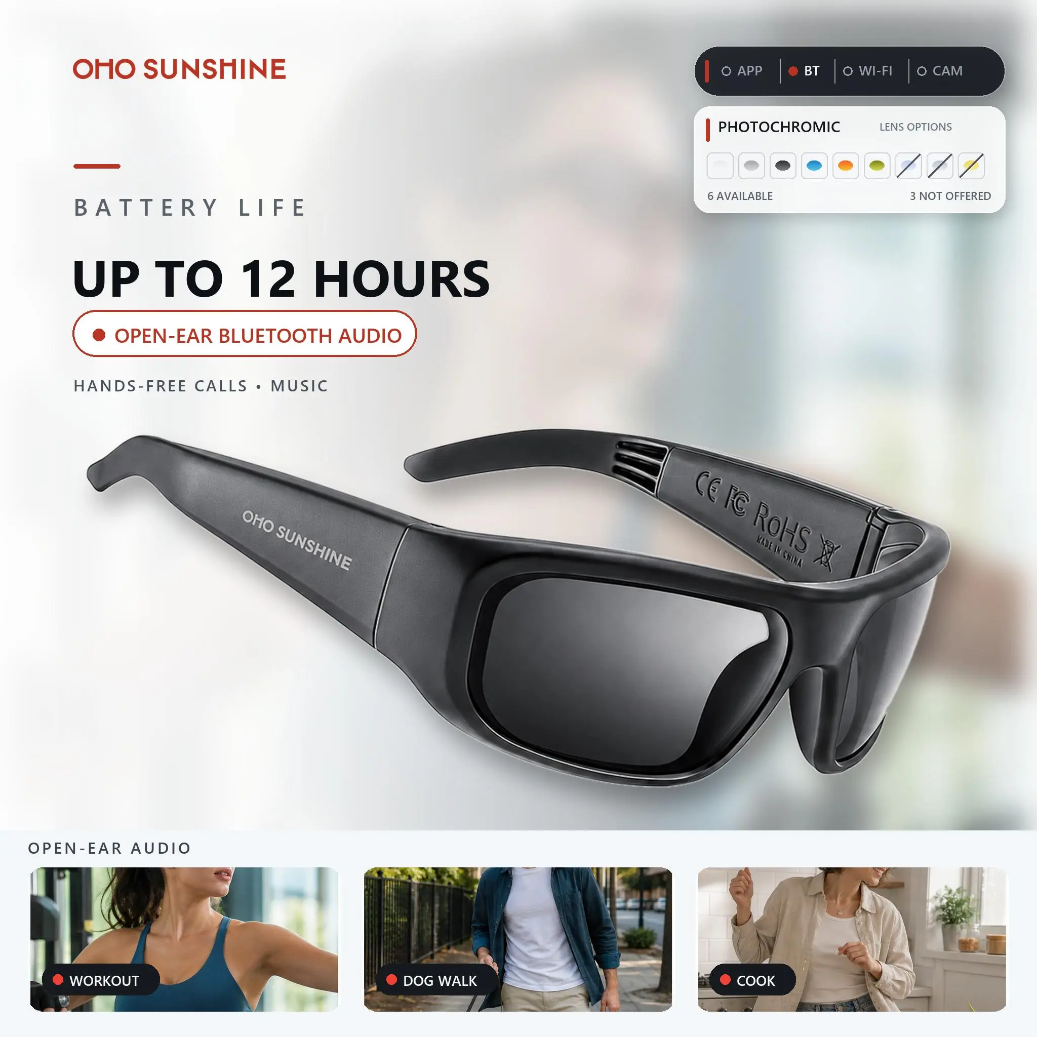 OhO Sunshine Pulse Wearable Wireless Smart Glasses,smart bluetooth glass， Tech Gadgets with Open-Ear Bluetooth Speakers for Casual Everyday Life & Outdoor Sports, Modern Smart Glasses