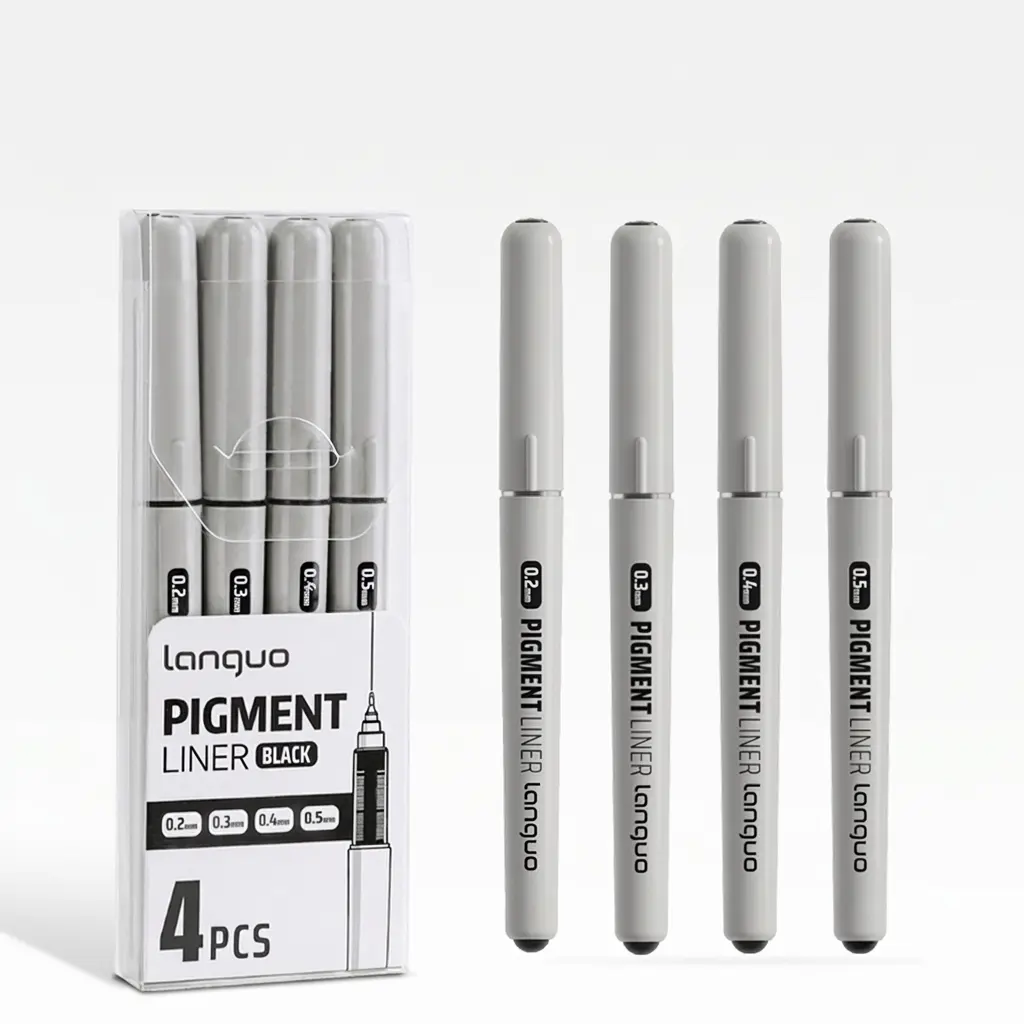 Languo Waterproof Fine Line Drawing Pens (4-Pack Assorted Tips) - Black Pigment Liner Markers, Smudge-Proof Inking Outline Tools for Sketching, Watercolor; Office Professional, Back to School Art Supplies blank