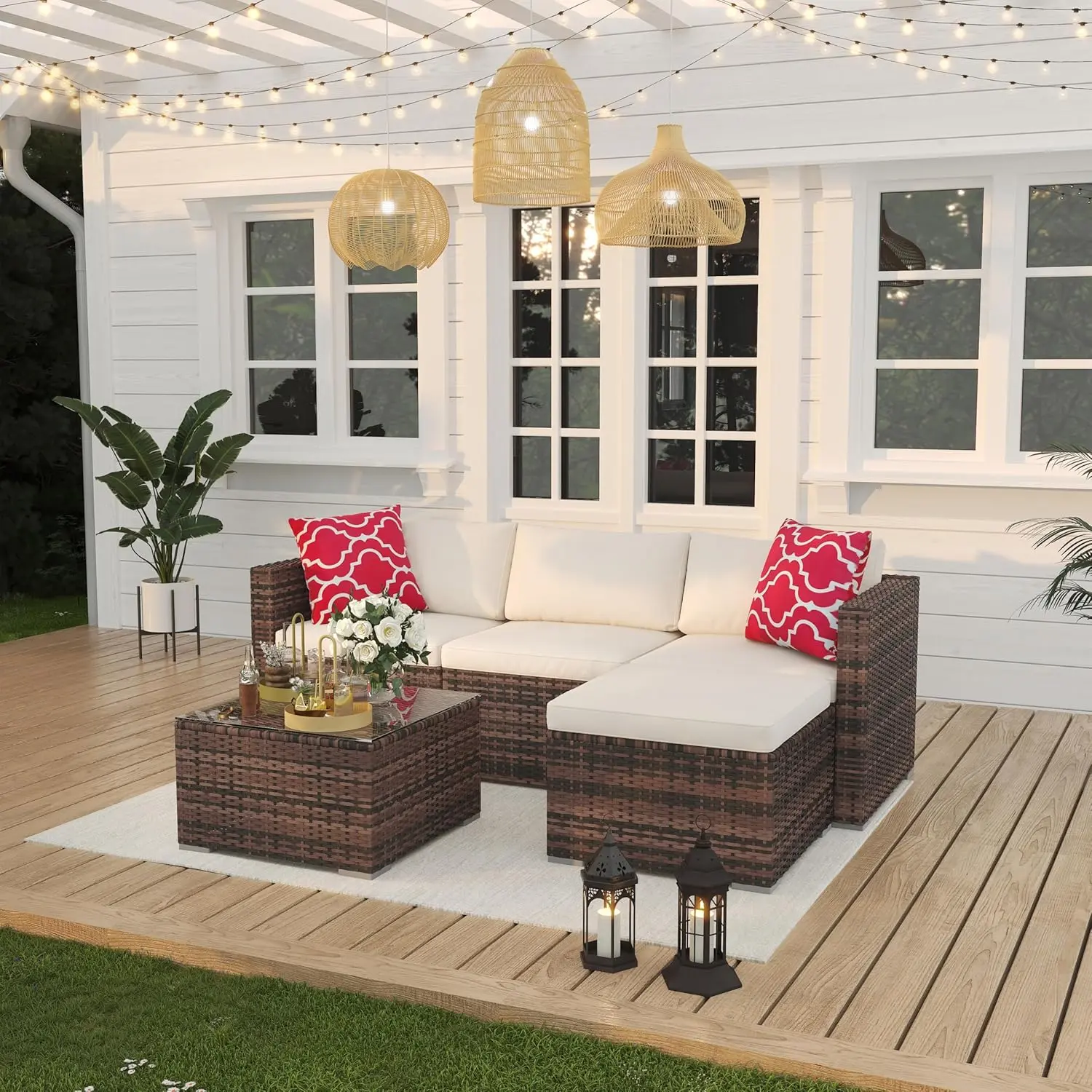 Rattan Patio Furniture 5 Piece Set, All Weather Combo Conversation Sofa Set, Living Room Sofa Set with Glass Storage Table and Balcony Footstool, Non-Slip Cushions, Poolside/Garden/Porch