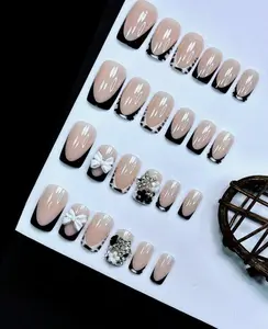 24Pcs Set French Style Black & White Tie Dye Polka Dot Press-On Nails, Reusable, With Bowknot, Star Rhinestones, Cute & Chic, Suitable For Dates, Spring, New Year, Christmas, Daily, Birthday, Festival, Spring/Summer New Arrival Nail Supplies Nails