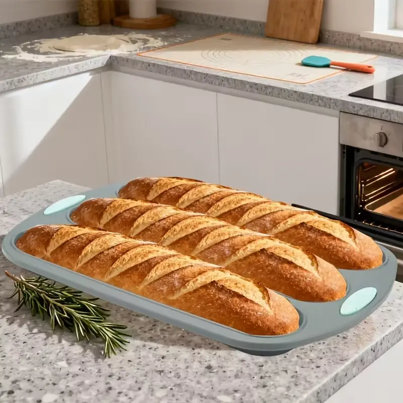 1pc 3-Cavity Silicone Bread Mold, Non-Stick Sourdough Bread Tray, Heat-Resistant Rectangular Bread Pan, Ideal for Baking French Bread, Bakery Molds