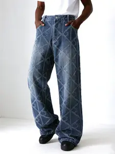 Men's High-End Fashion Mid-Waist Straight Leg Jeans, No Stretch Denim Jeans, Vintage Rhombic Hook Design, Casual Men's Clothing