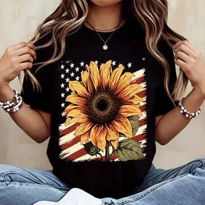 Sunflower And American Flag Print T Shirt  Casual Loose Fit For Everyday Wear And Outdoor Activities