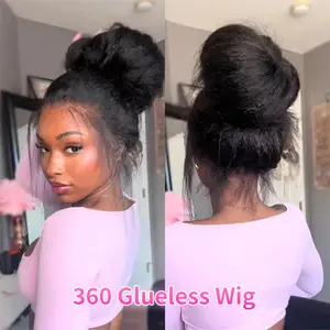 Leniku 180% Density 360 Lace Wig Invisible Drawstring Kinky Straight Human Hair Wigs Natural Color Brazilian Glueless Wig Pre plucked For Black Women