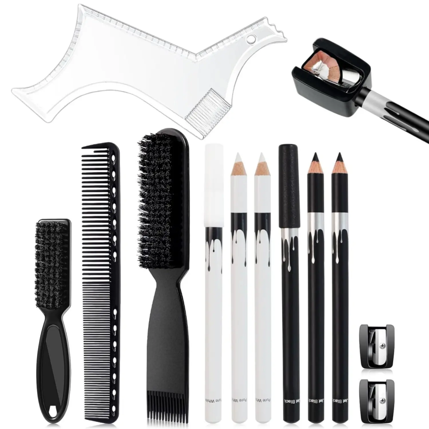 12Pcs Male Adult Grooming Beard Shaper Tool Kit - Multi-Edge Styling Barber Equipment with White-Black Barber Pencils, Sharpener, Hairline Guide Comb, Clipper Cleaning Brushes for Lineup Edging (Home Improvement, Christmas)