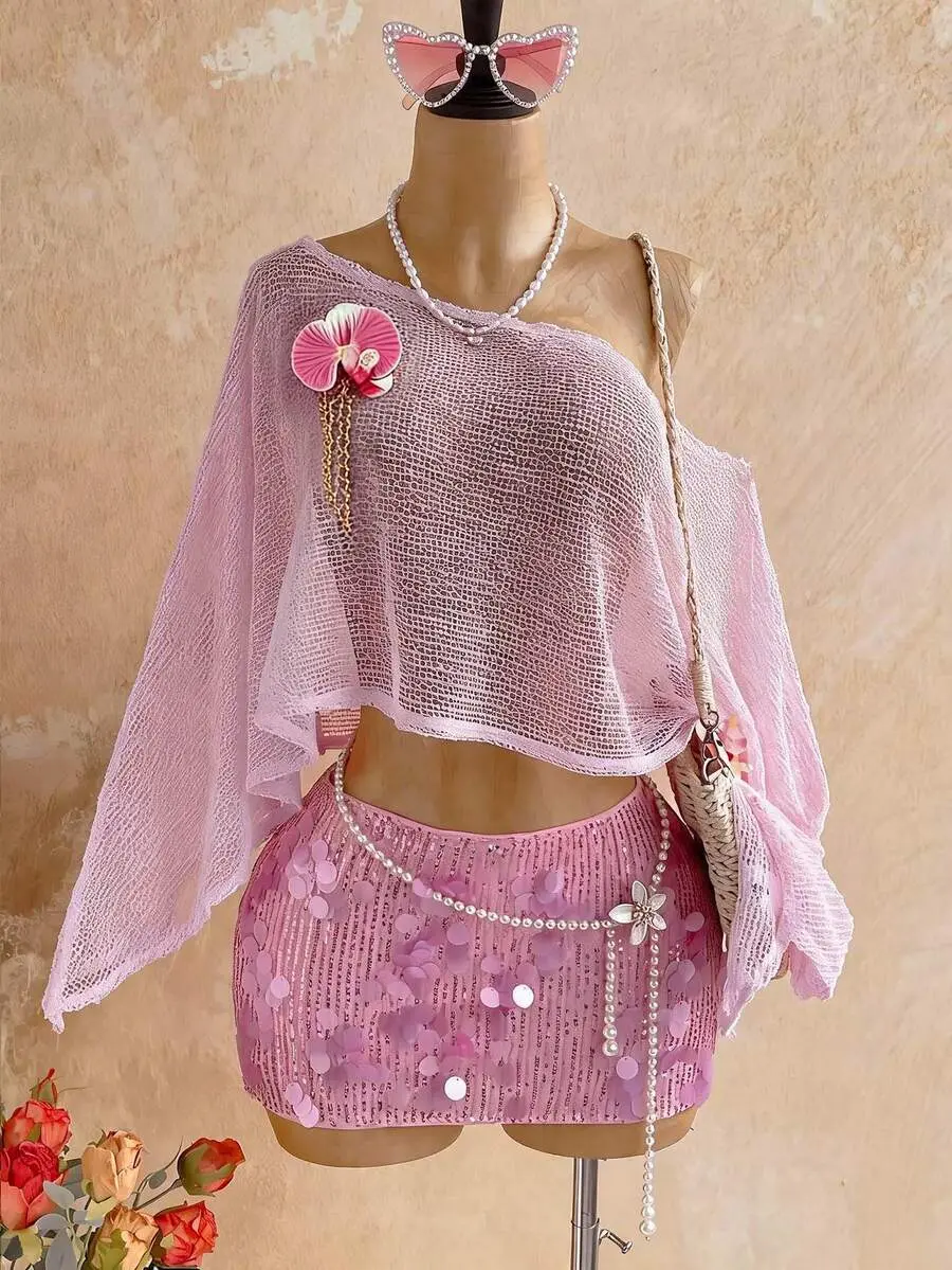 VANTA Women's Plus Size Pink Sheer Asymmetric Neck Shawl Top