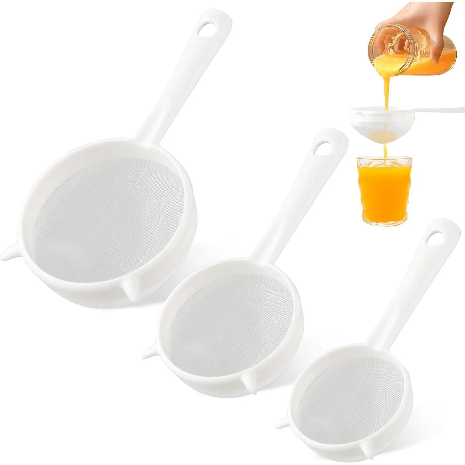 3 count Plastic Mesh Strainer Set Colander with Handle - 3 Sizes Double Ear  Mesh Strainer with Handle - Flour Sifter Colander - Kitchen Strainer for Baking, , Juice, Pasta